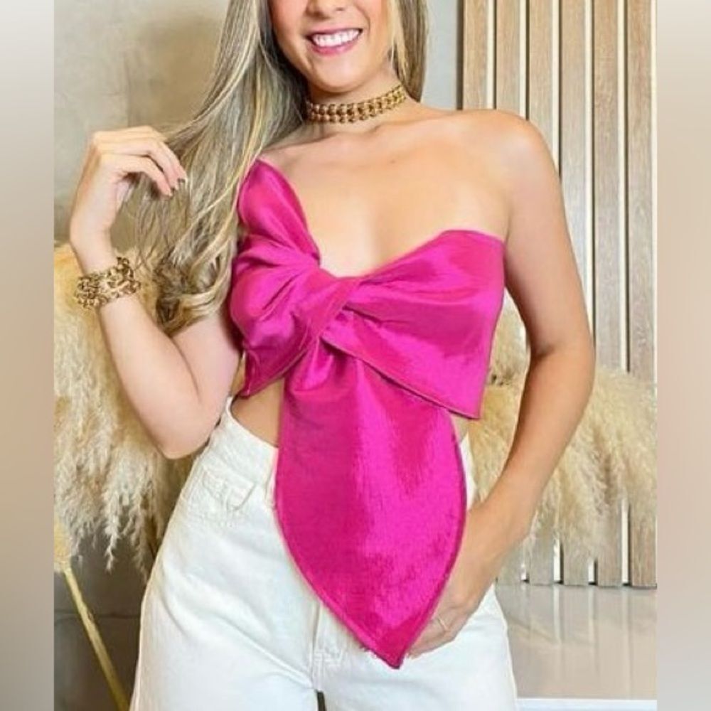 Pink Women's Sleeveless Crop Tube Top One Strapless Bow Twist Tie Front One Size
